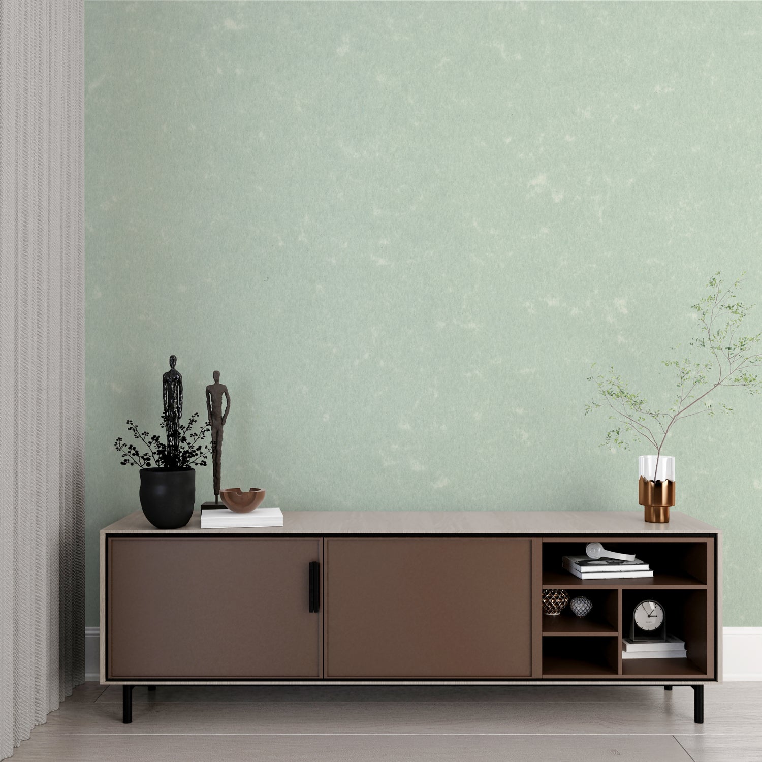 Minimalist mint green wall mural in a calming bedroom setting