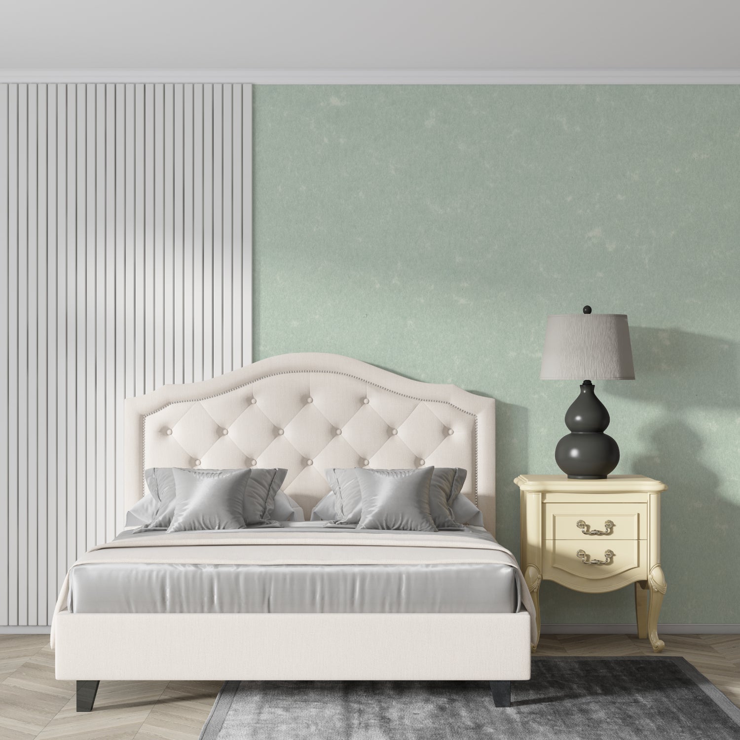 Green textured wallpaper brightening up a modern dining room