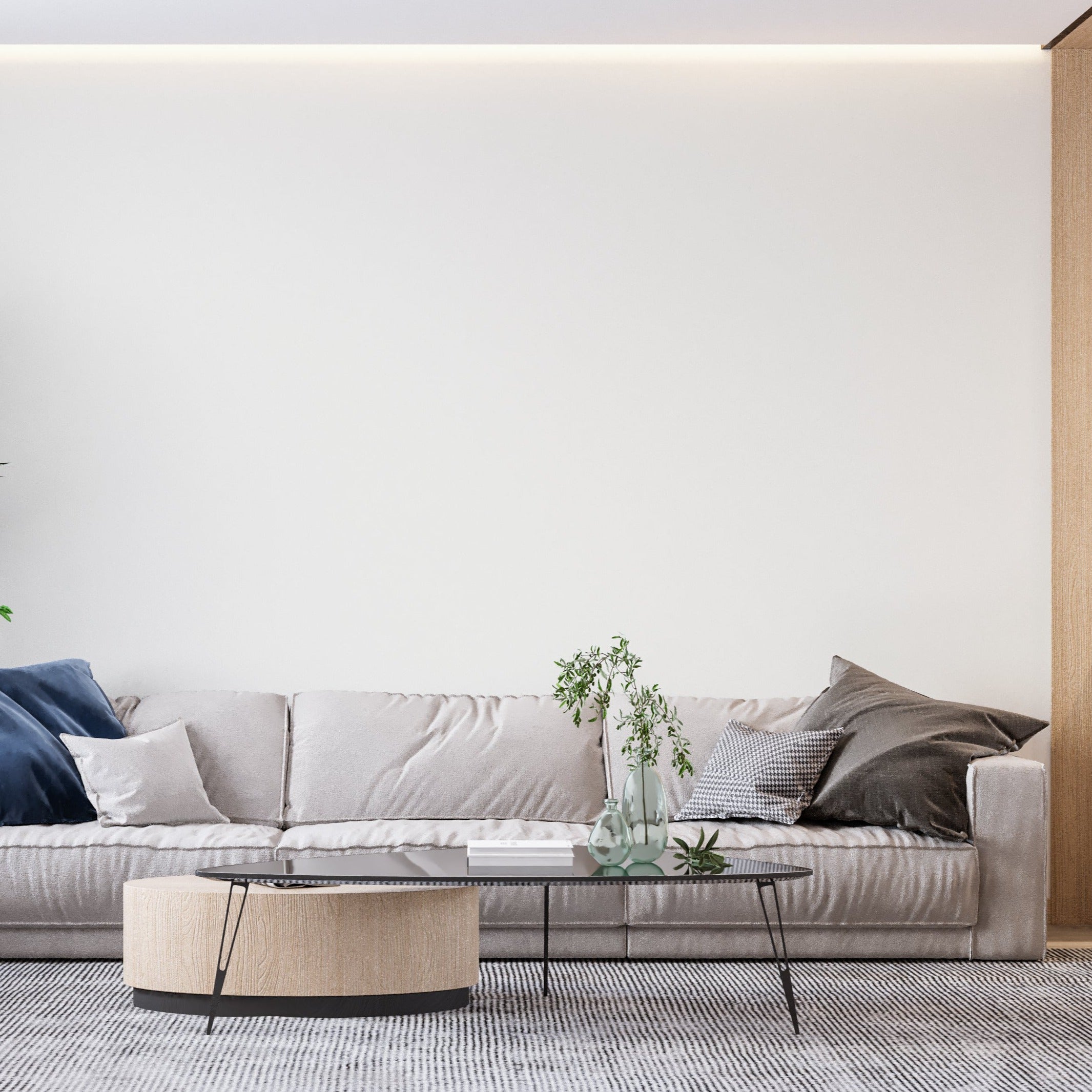 Modern white textured wallpaper bringing depth to a minimal dining space