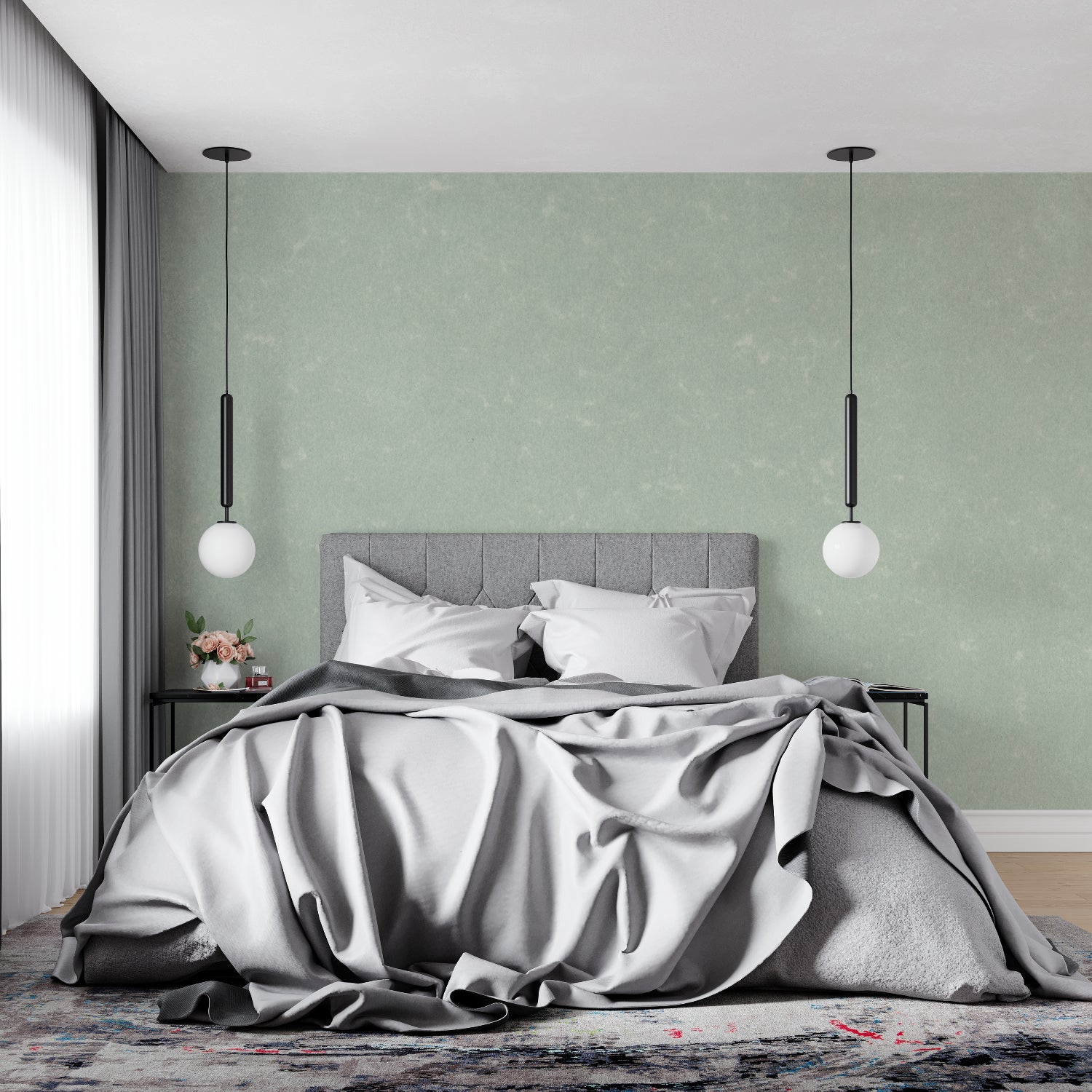 Modern home office with mint green textured wallpaper creating a calm work environment