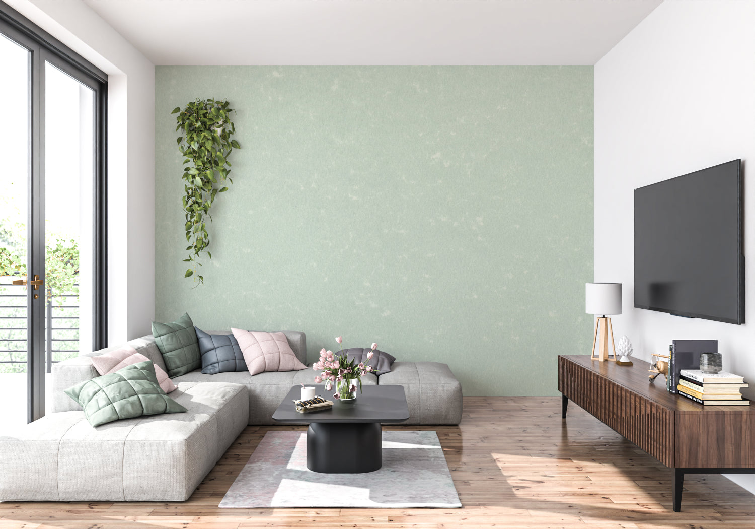 Peaceful nursery featuring soft mint textured wallpaper perfect for creating a serene space