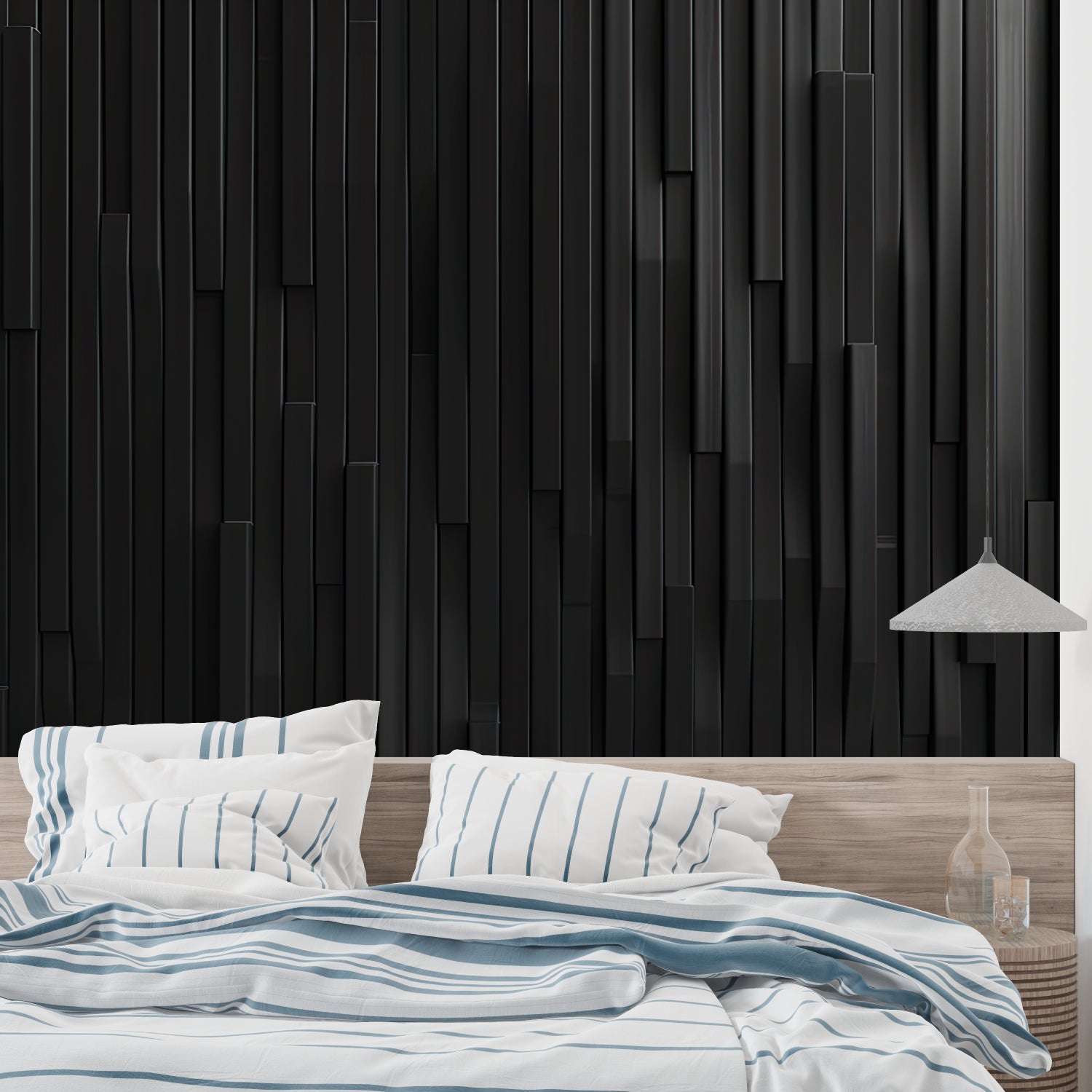 3D black geometric wall mural in a minimalist office space