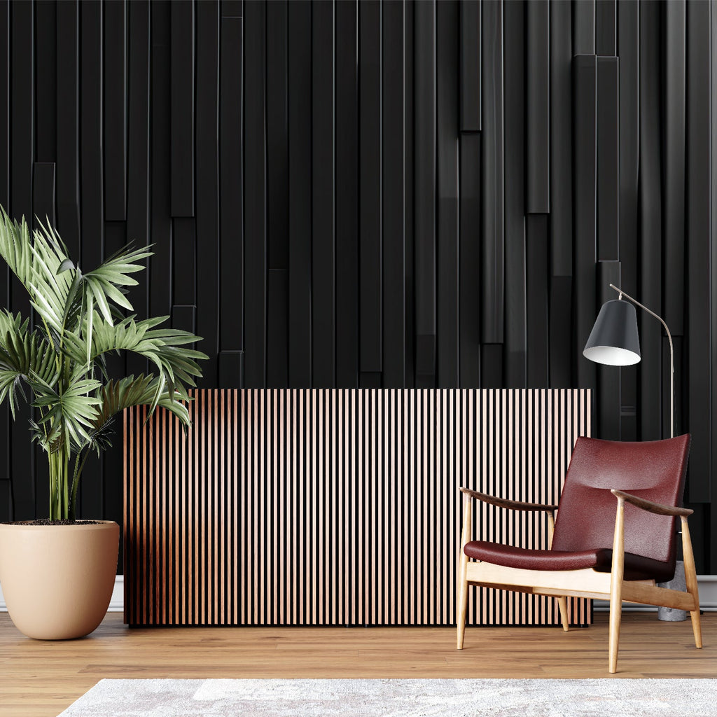 Modern geometric pattern wallpaper adding depth to a dining room