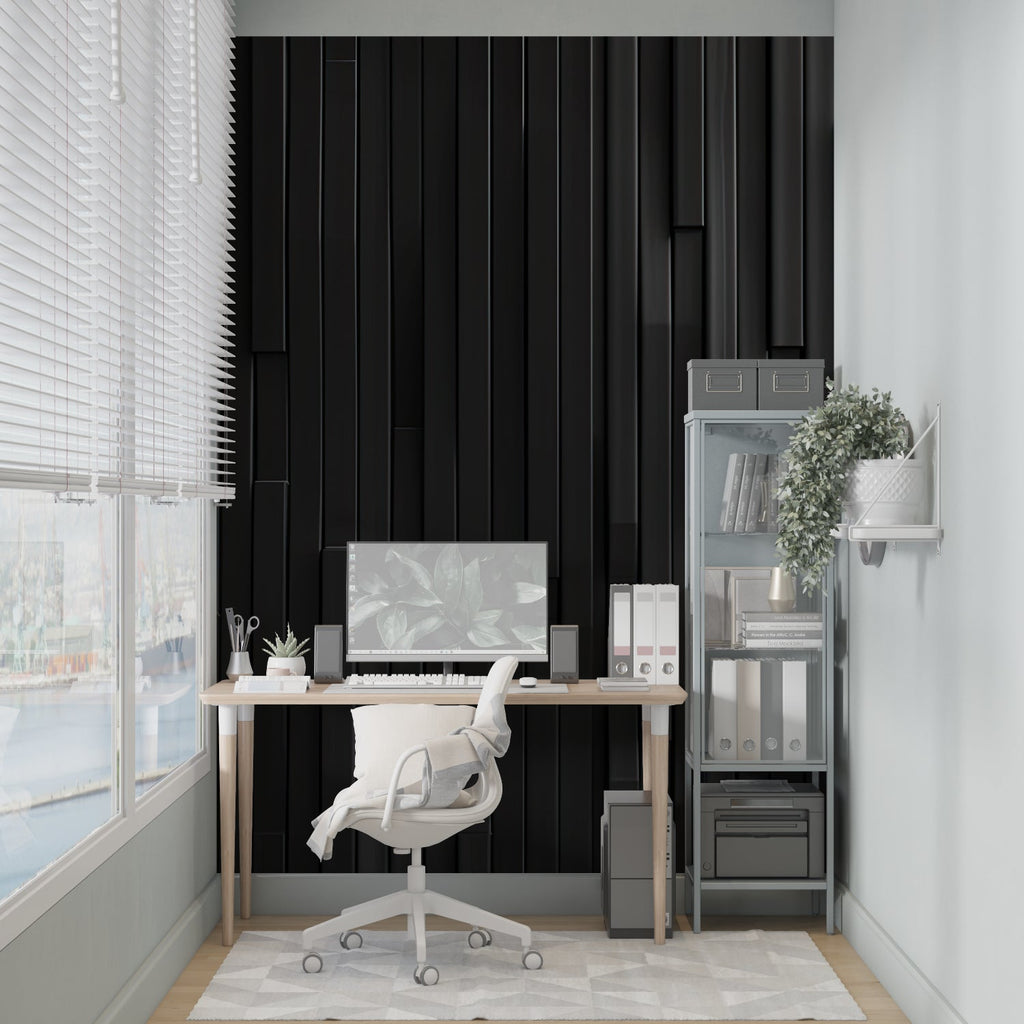 Black 3D wall mural in a contemporary bedroom setting