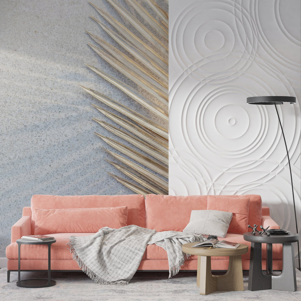 Modern circular wallpaper with gold palm leaf creating depth in a bright living room setting