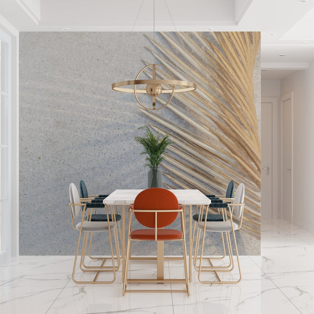 Geometric wall mural with golden palm design in an entrance hall