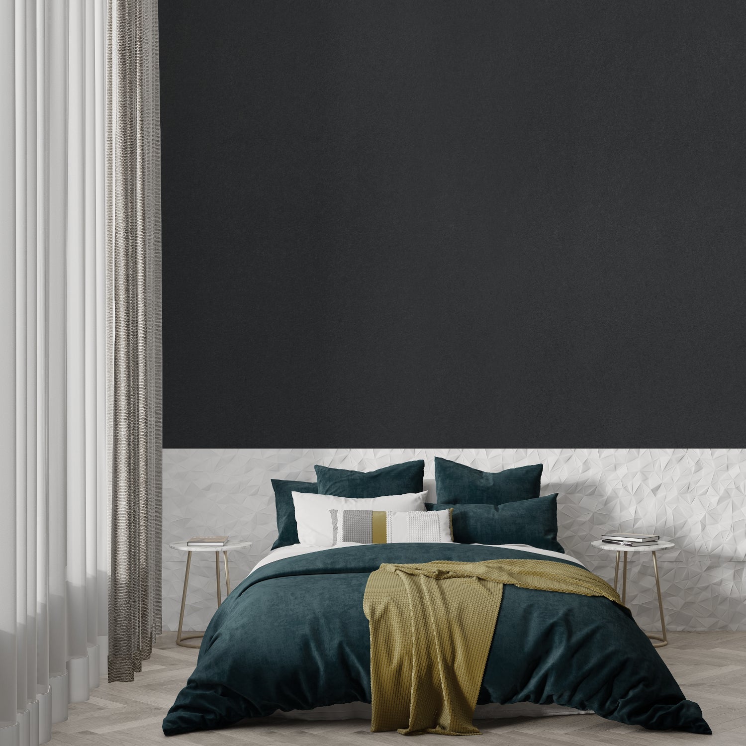 Modern grey wallpaper in a stylish living room with natural light showing depth and texture