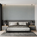 Modern grey textured wallpaper in contemporary living room setting with minimalist furniture