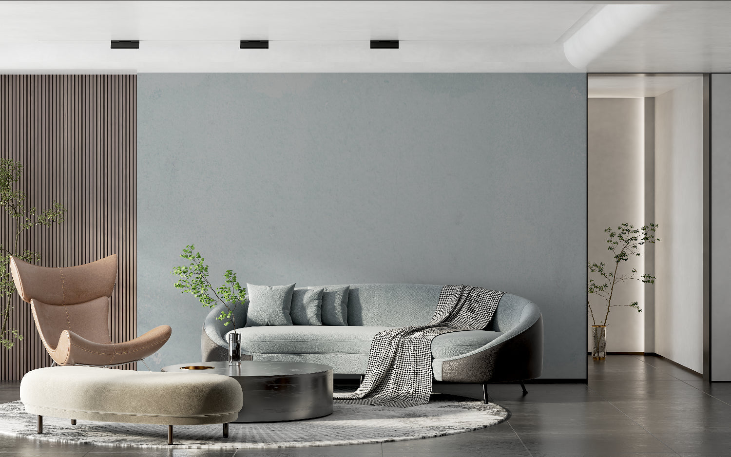 Modern grey wallpaper adding sophistication to dining room walls