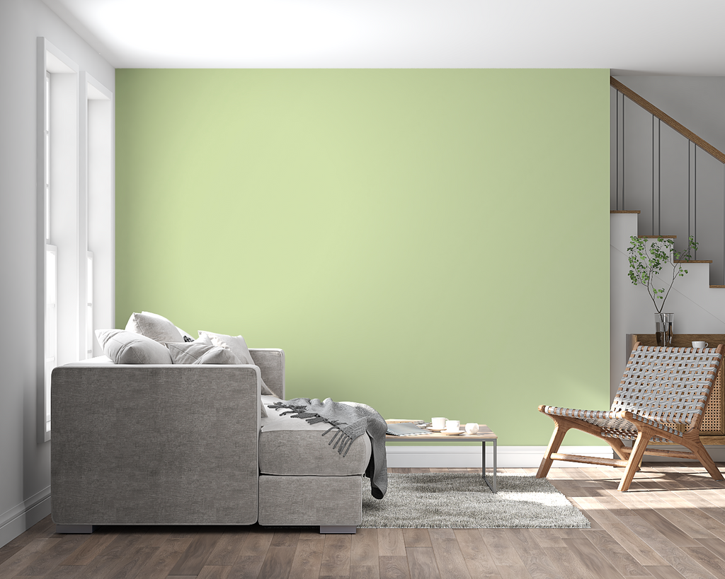 Minimalist green wallpaper creating depth in a modern hallway space