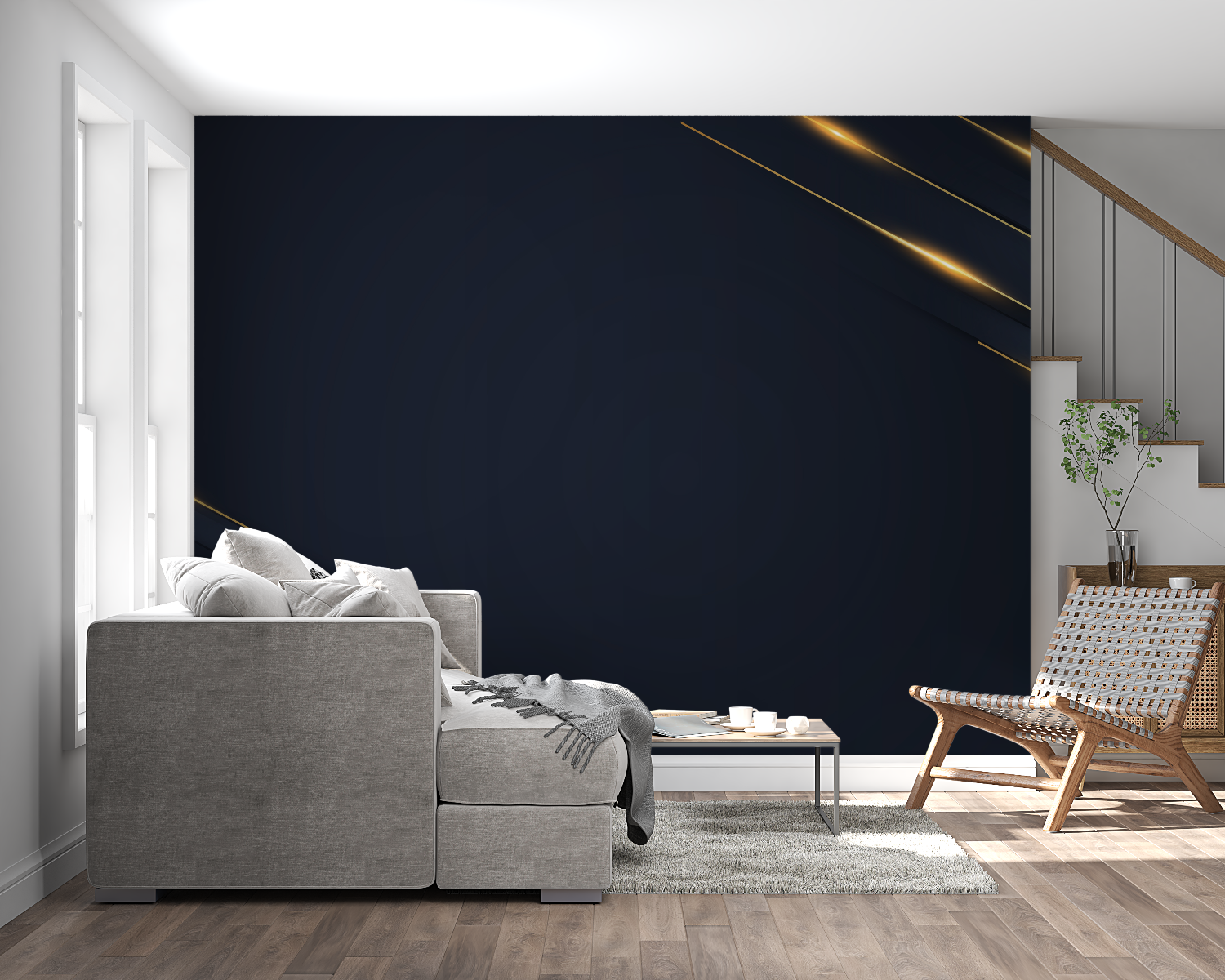 Luxury geometric wall mural in master bedroom with gold accents