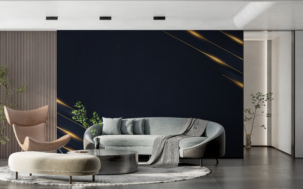Modern navy and gold wallpaper in home office setting with minimal furniture