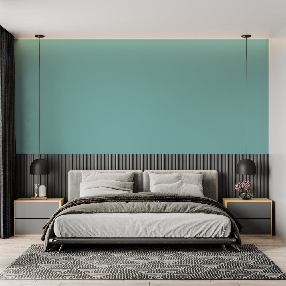 Serene mint green wall covering brightening up a minimal dining room