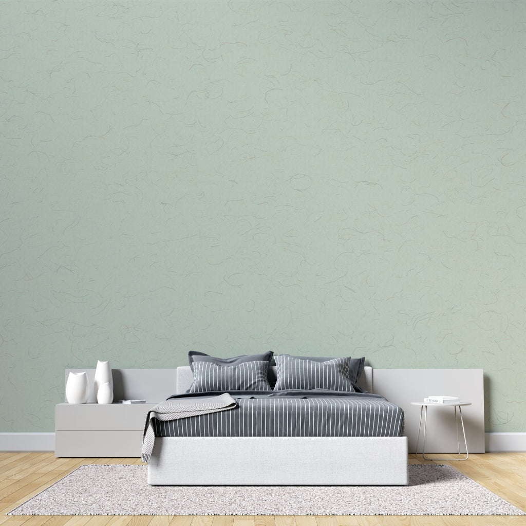 Dining room showcase of modern green wallpaper in evening light