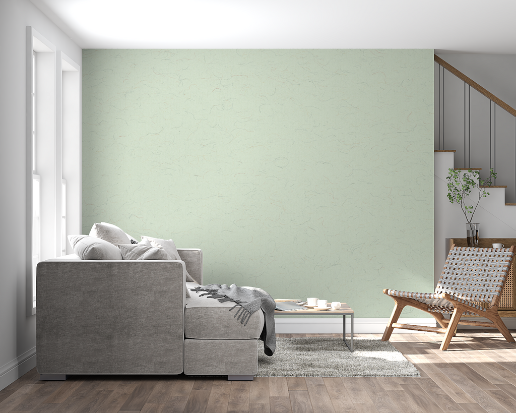 Sage green wall mural application in a contemporary hallway setting