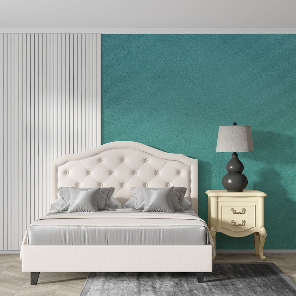 Modern teal wall design adds sophistication to dining room space