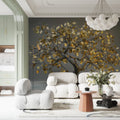 Money Tree Wallpaper bringing luxury to a modern home office with gold coin details