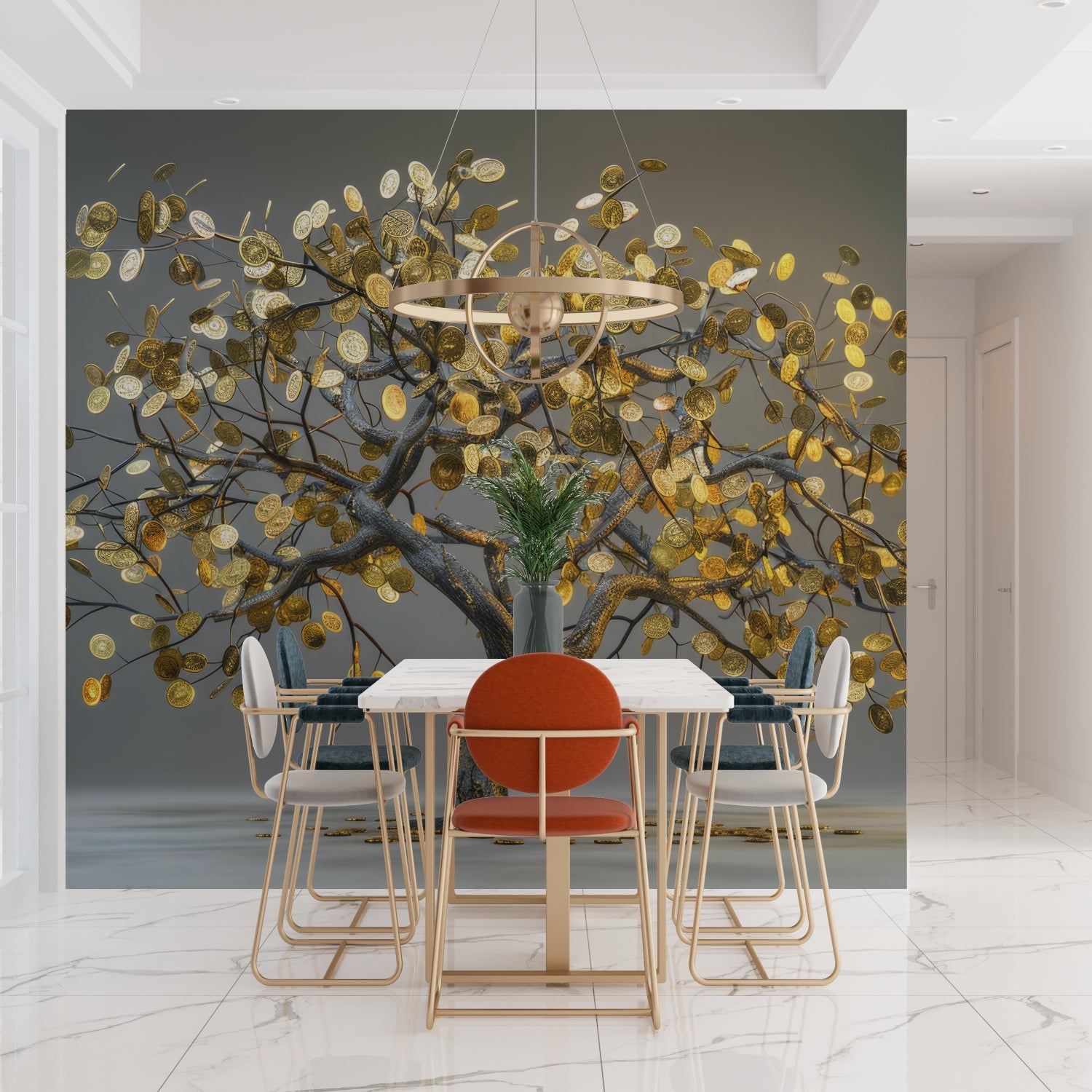 Metallic Tree Wallpaper adding sophistication to a luxury living room
