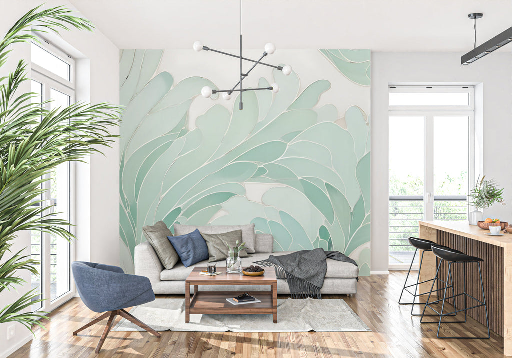 Bedroom with abstract Monstera wallpaper showcasing soft mint green tones and organic shapes