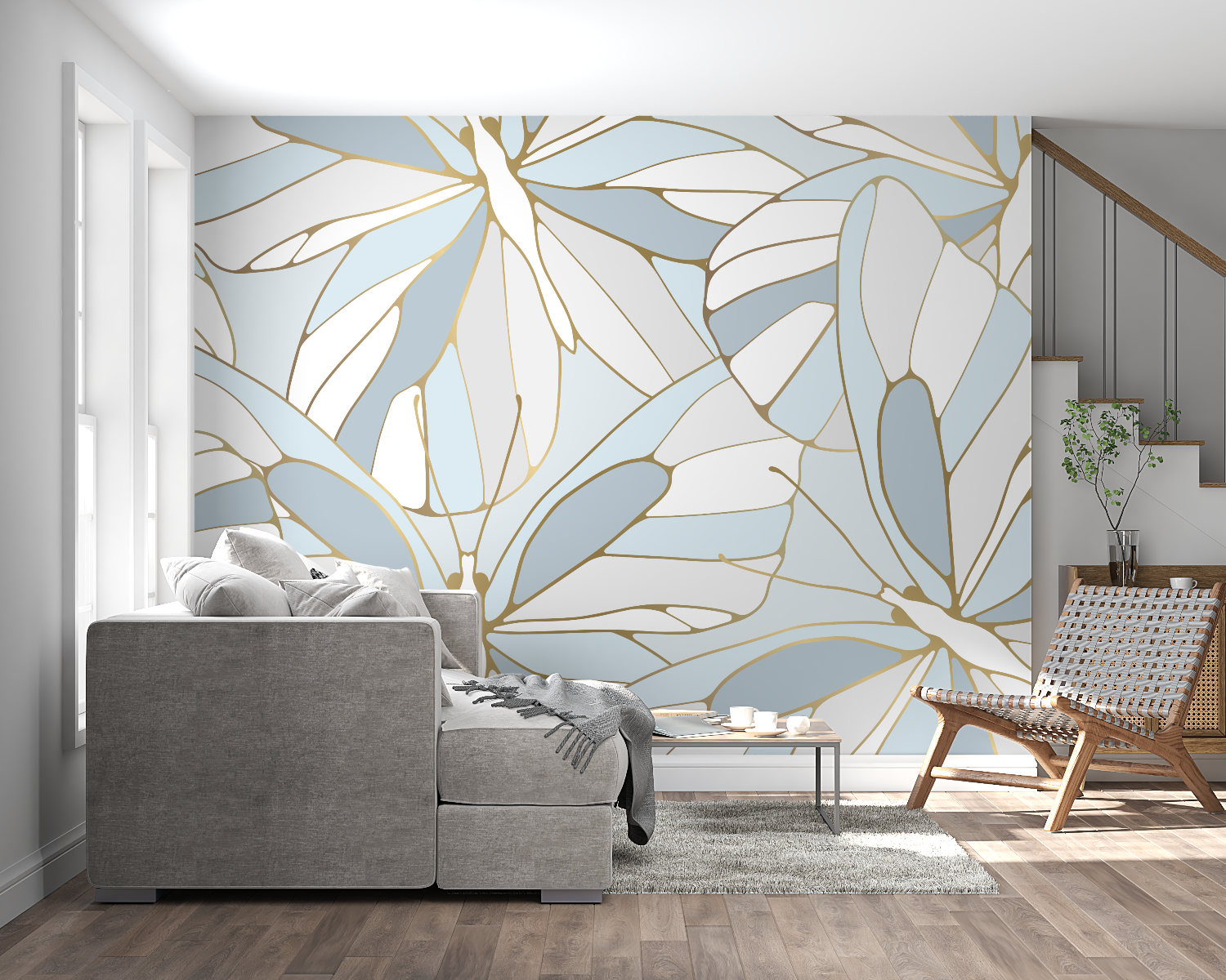 Home office space with tropical leaf wallpaper in sophisticated blue and gold tones