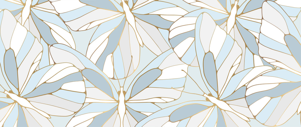 Design file of Monstera leaf pattern with art deco elements in blue and gold