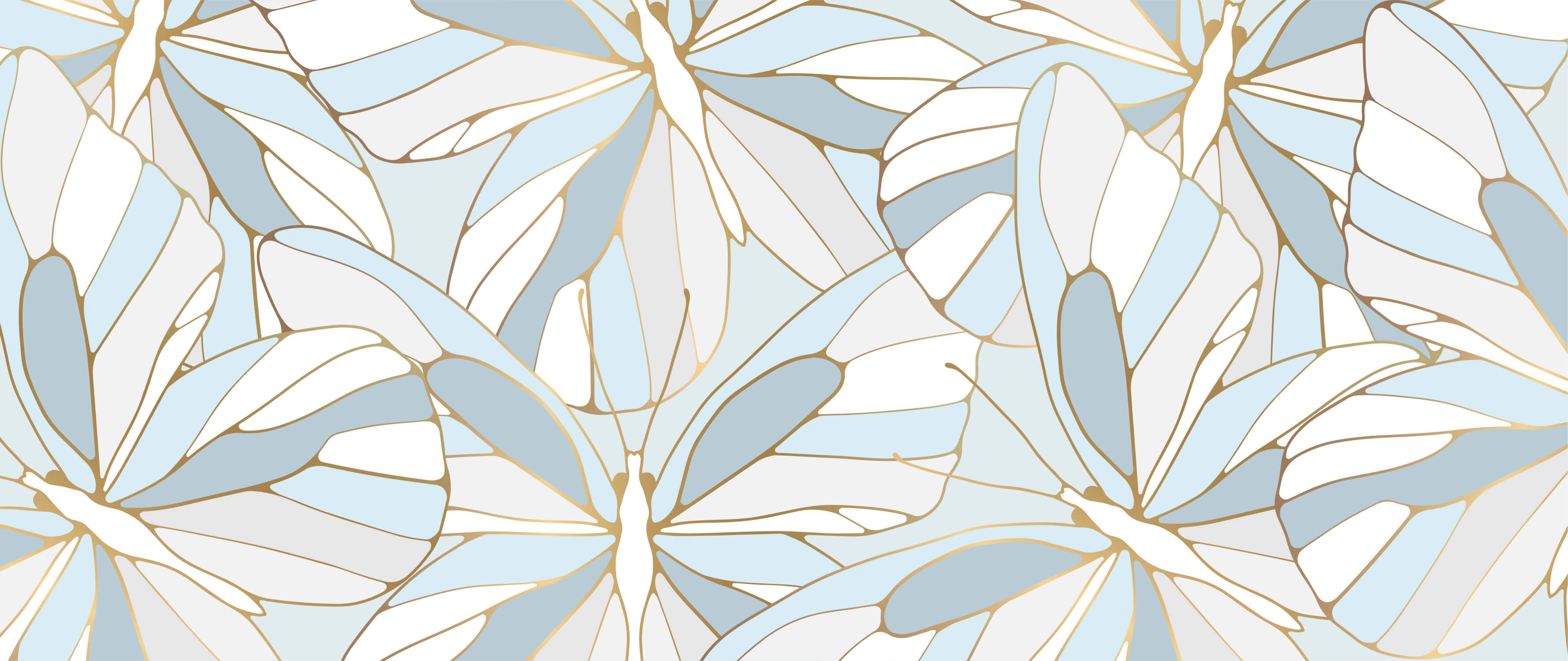 Design file of Monstera leaf pattern with art deco elements in blue and gold