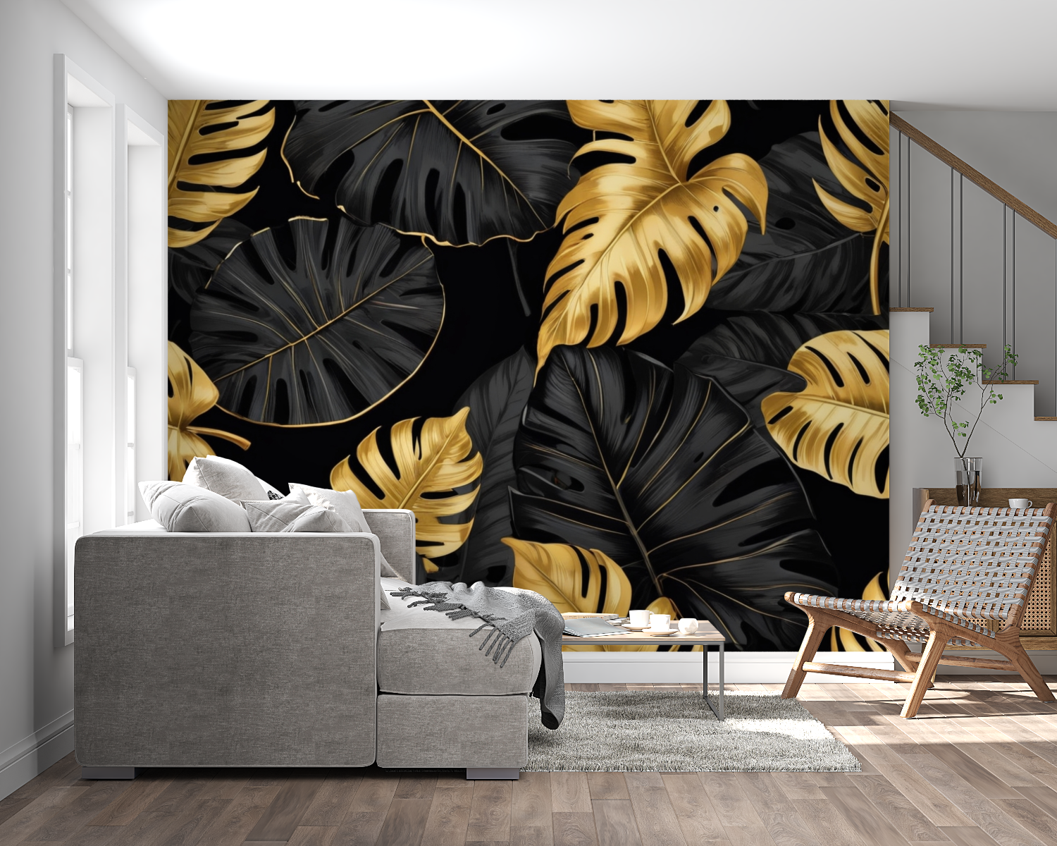 Gold monstera pattern on black background transforming a home office space