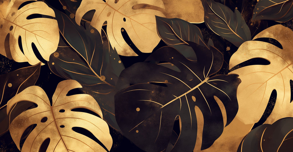 Luxury Monstera leaf wallpaper design file showing black background with detailed gold botanical pattern