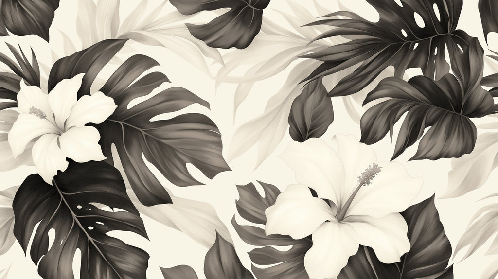 Black and white Monstera wallpaper design file showing detailed leaf pattern and contrast