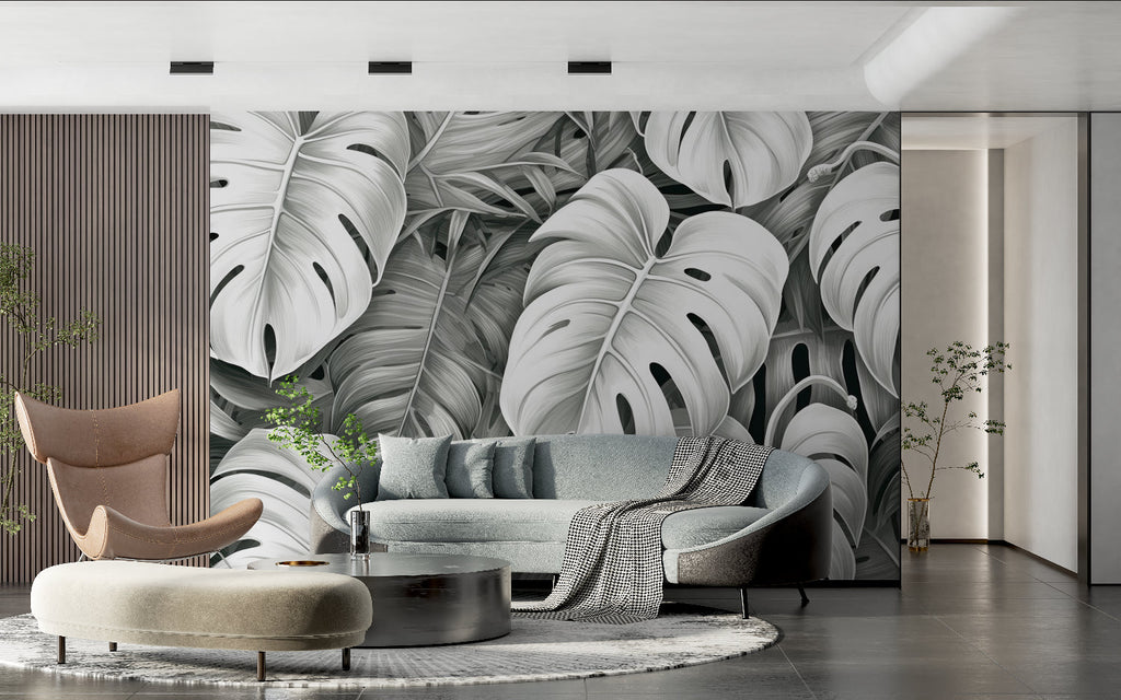 Tropical leaf mural bringing sophistication to minimalist hallway space