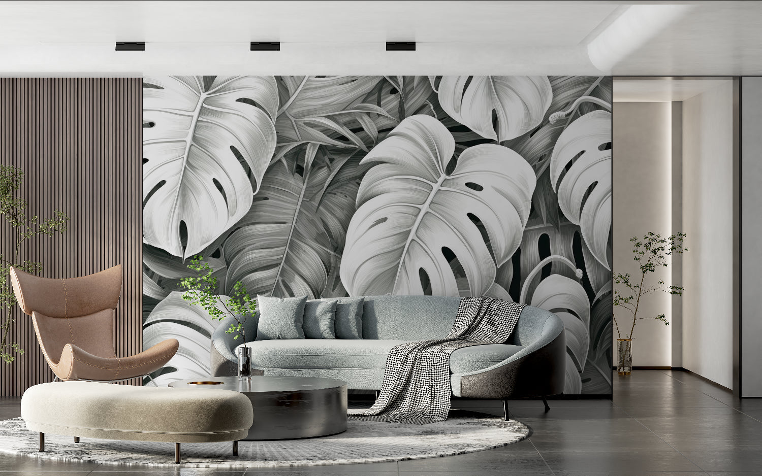 Tropical leaf mural bringing sophistication to minimalist hallway space