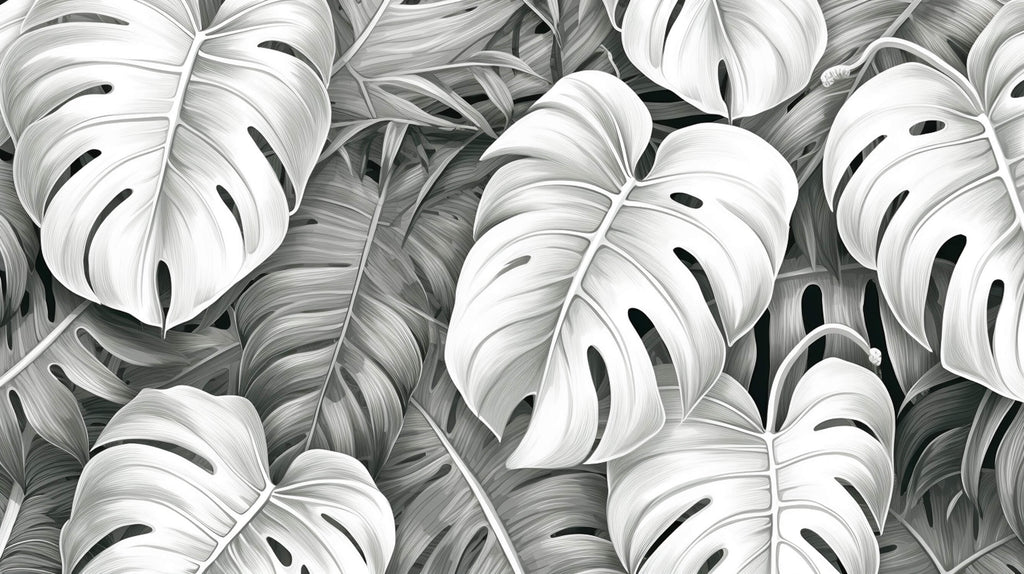 Design file showing detailed Monstera leaf pattern in striking black and white contrast