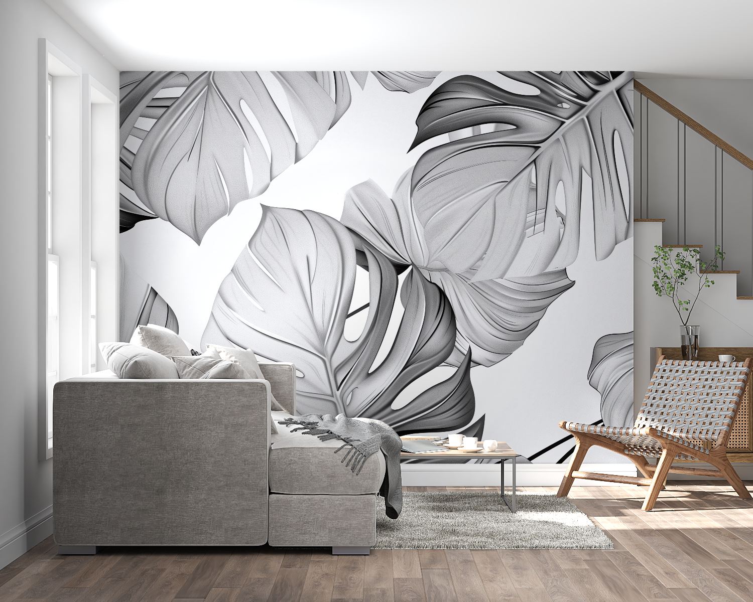 Black and white Monstera wall mural creating a focal point in a minimalist bedroom