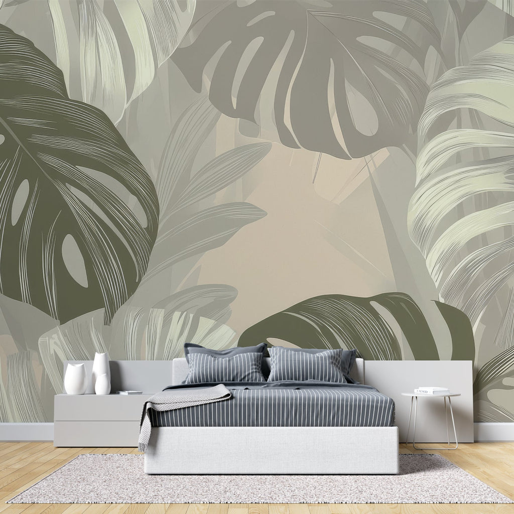 Monstera leaf wallpaper creating a fresh vibe in a modern living room with white furniture
