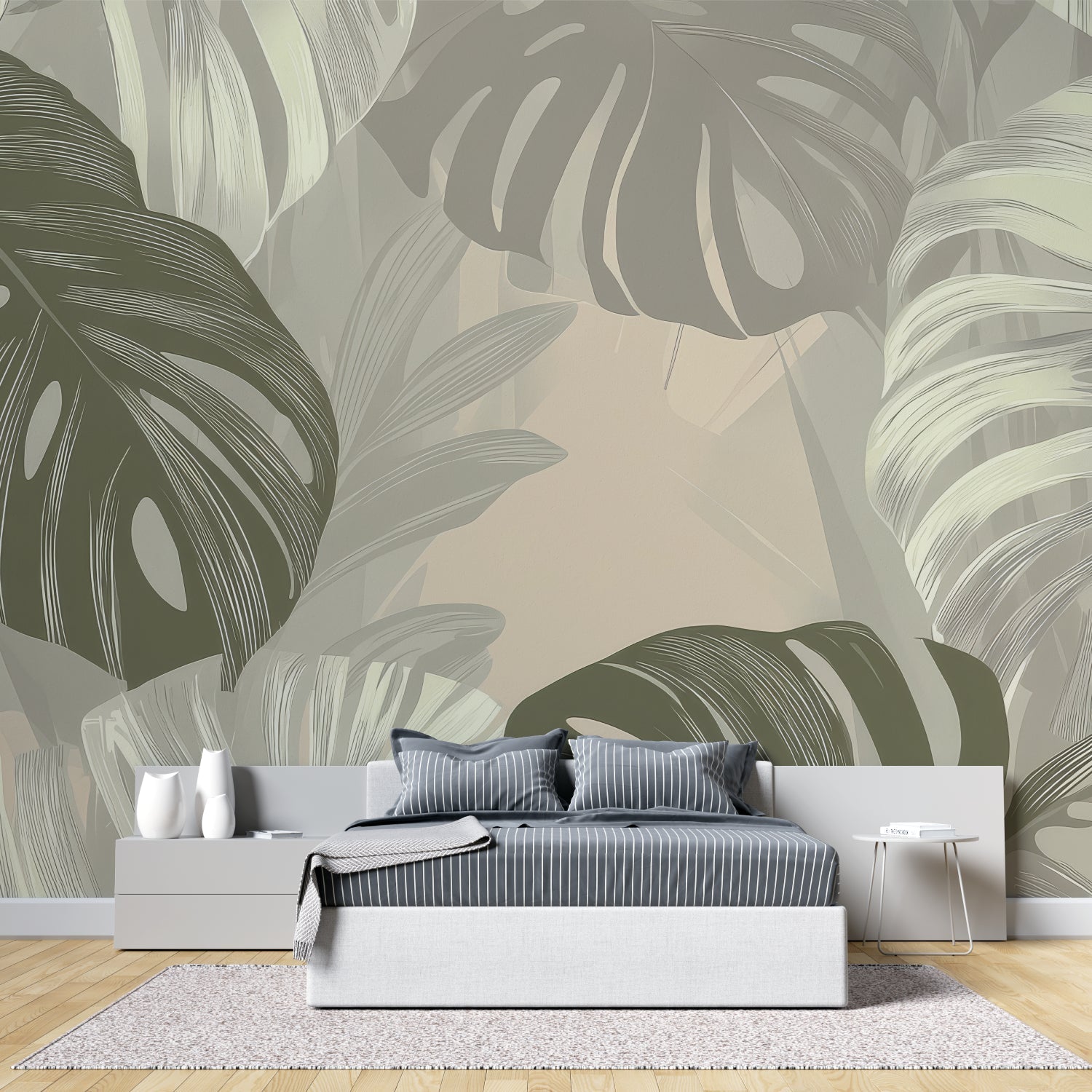 Monstera leaf wallpaper creating a fresh vibe in a modern living room with white furniture