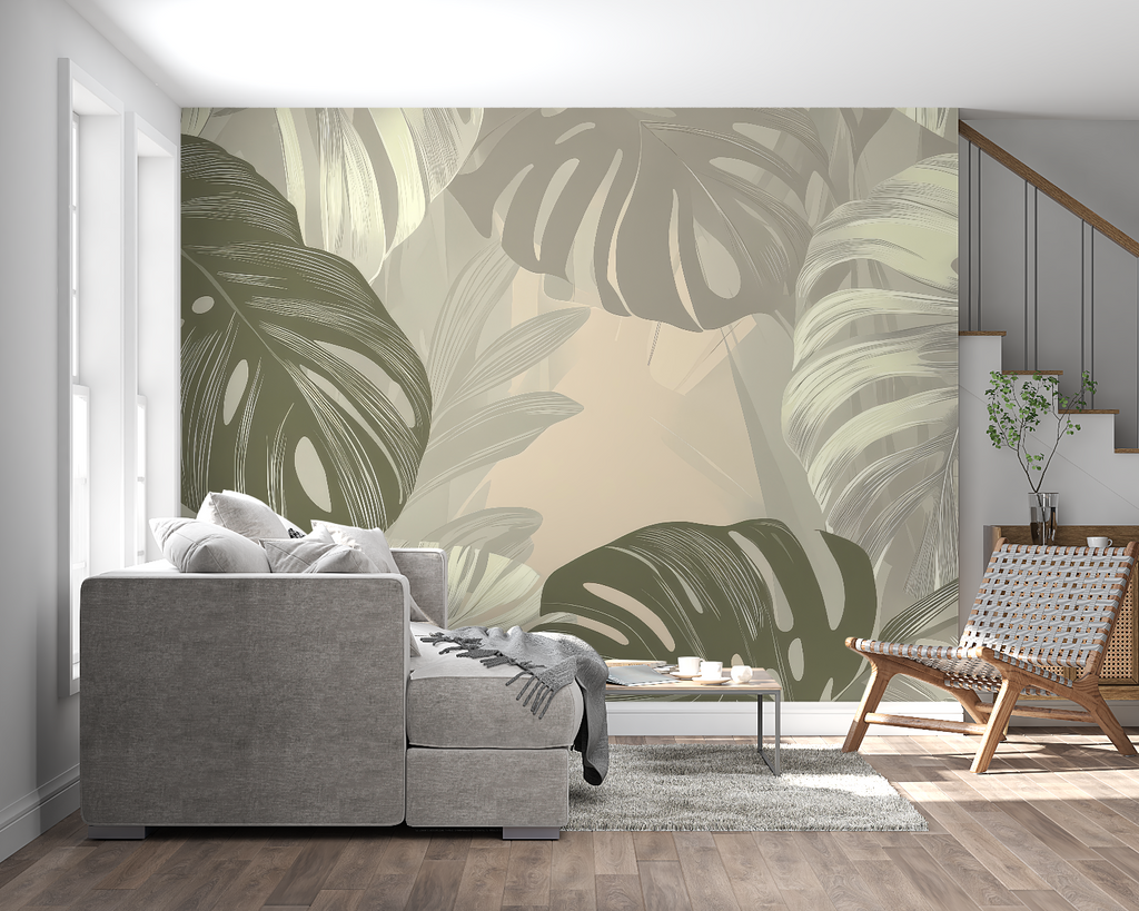 Botanical wall mural with monstera leaves in a home office setting with natural light