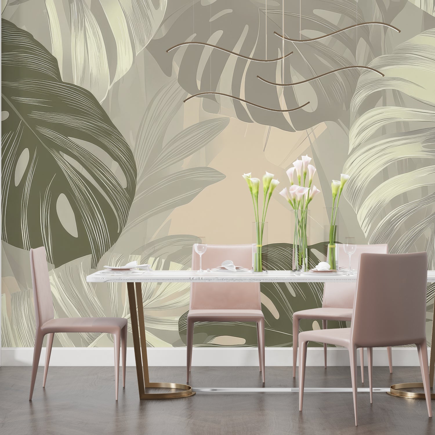 Green and beige monstera pattern creating depth in a dining room with wooden furniture