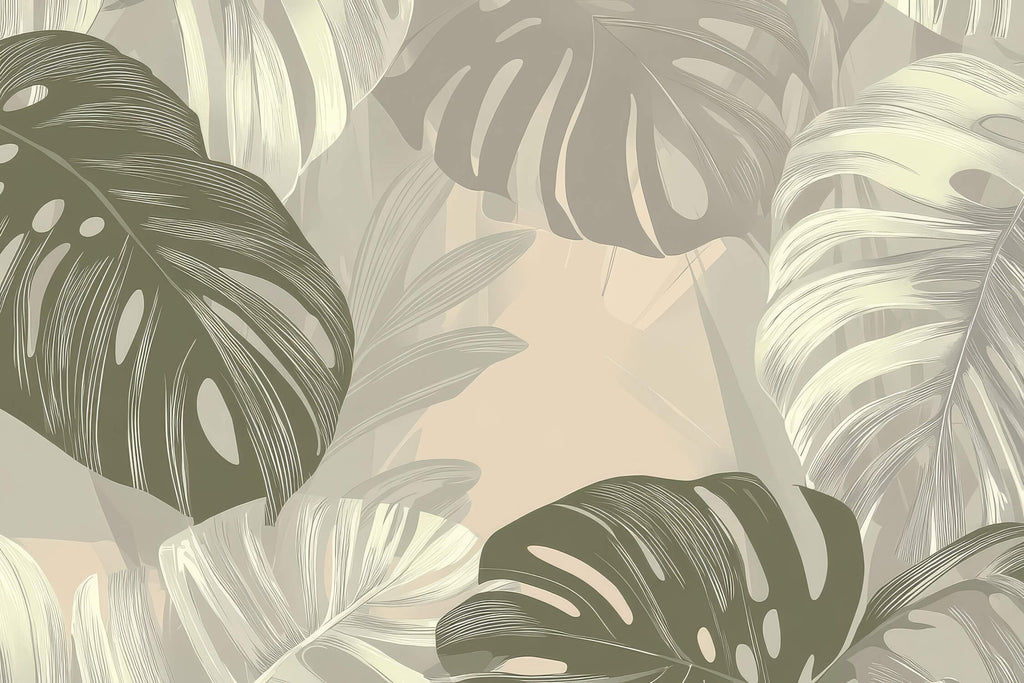Large-scale monstera leaf pattern design file showing detailed green and beige botanical illustration