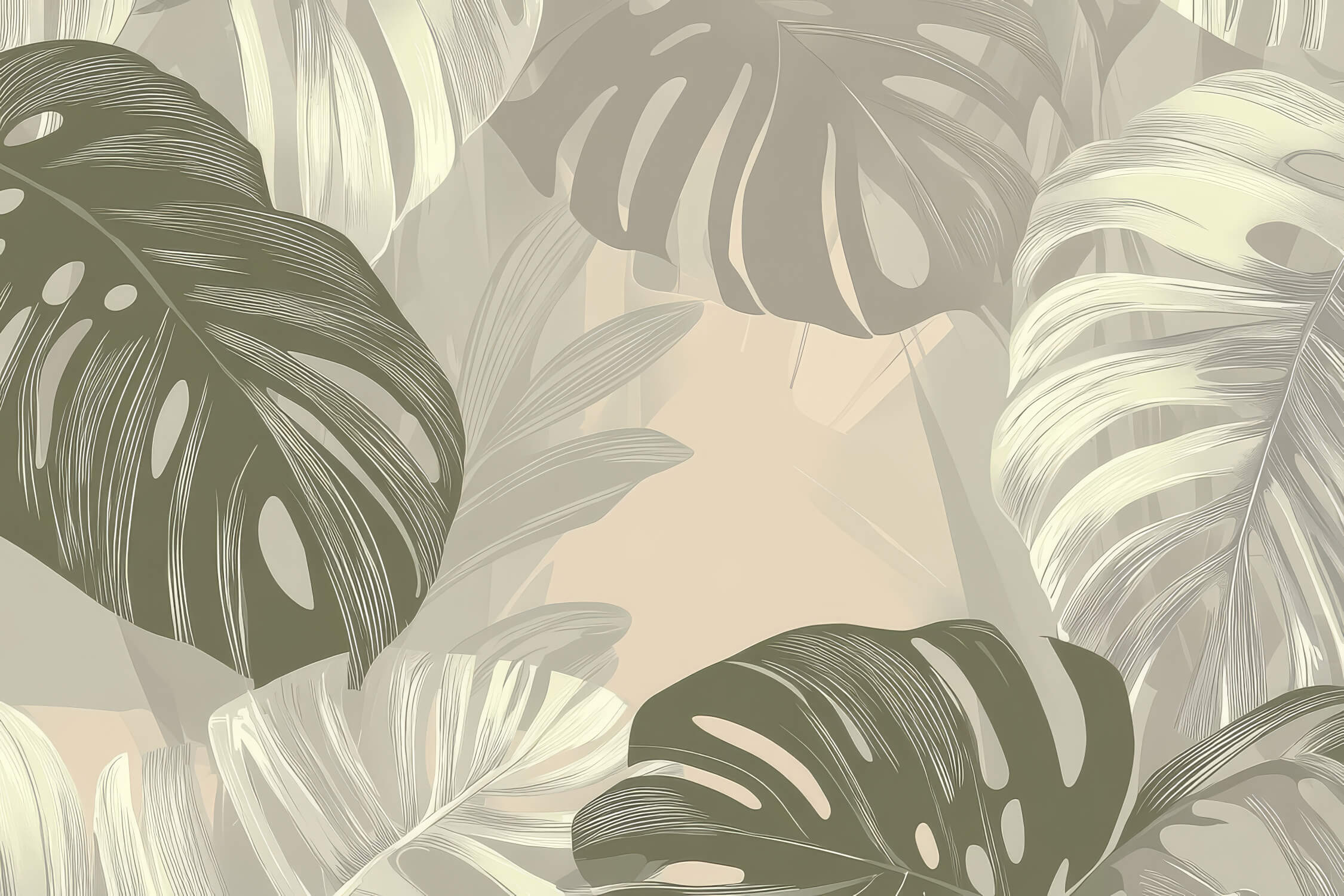 Large-scale monstera leaf pattern design file showing detailed green and beige botanical illustration