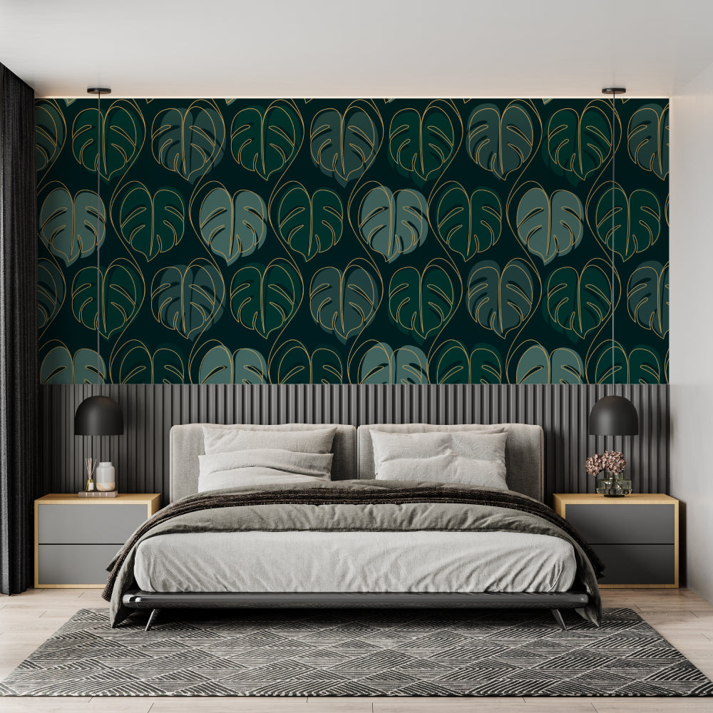 Monstera leaf wallpaper in modern living room showing green and gold pattern catching natural light