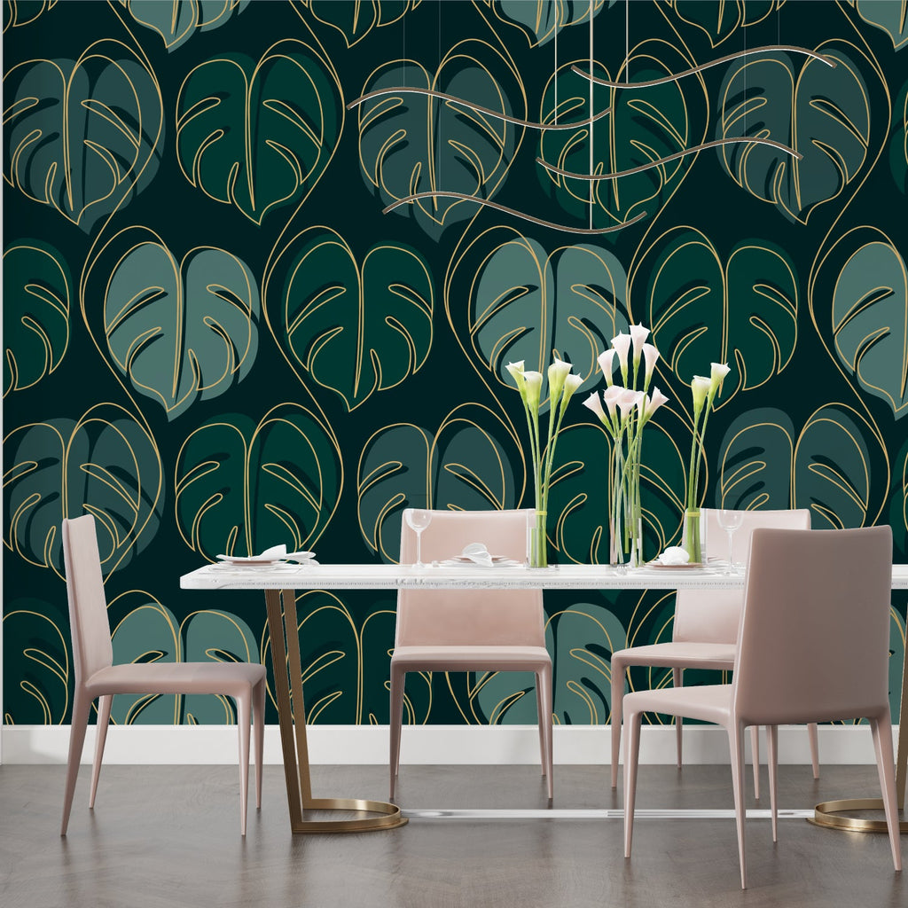 Art deco monstera pattern displayed in home office with afternoon light