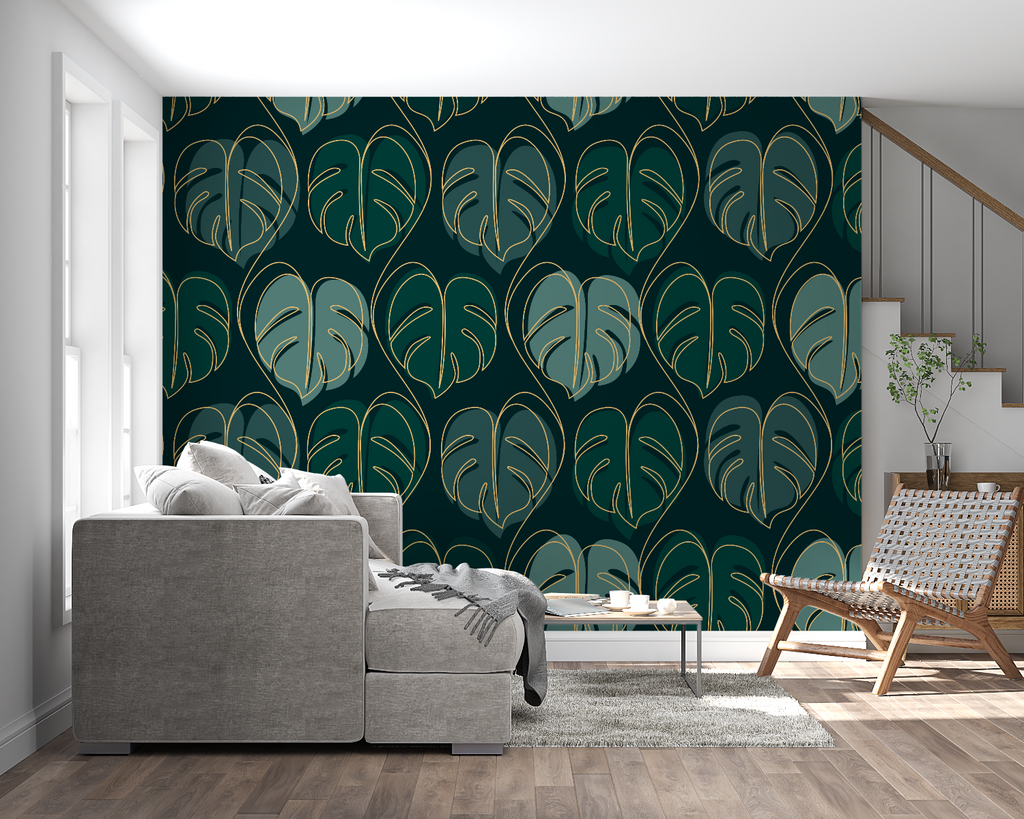 Botanical wall mural featuring monstera leaves in bedroom setting