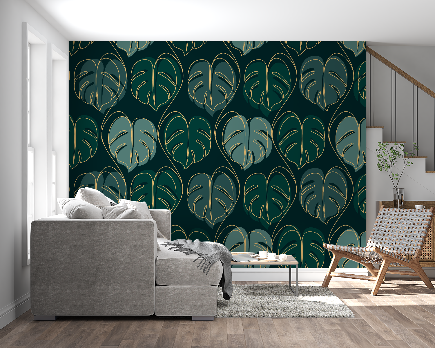 Botanical wall mural featuring monstera leaves in bedroom setting