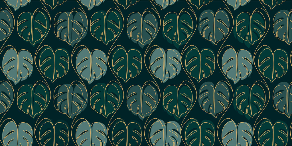 Monstera leaf design file showing detailed gold outline on emerald green background