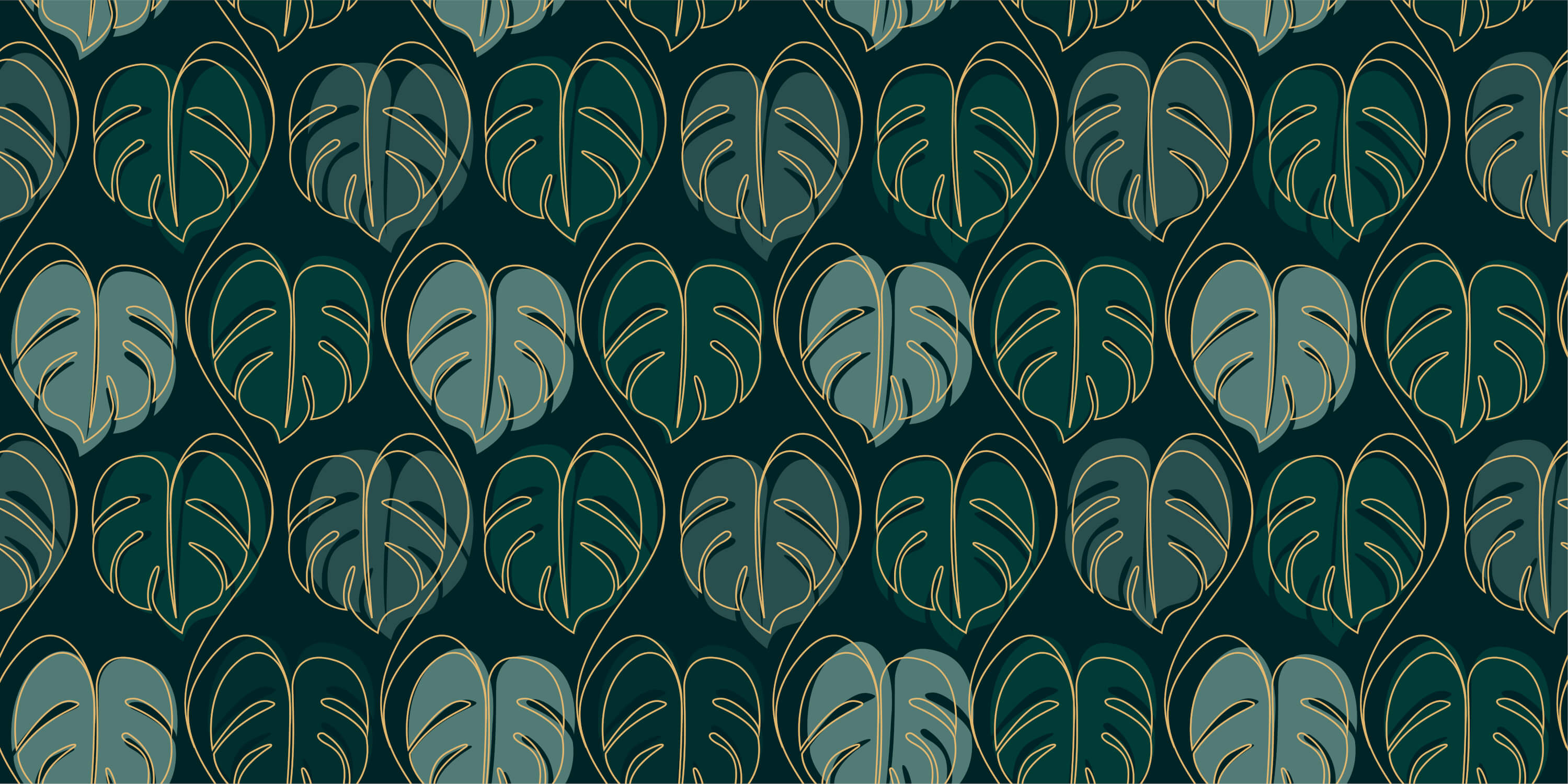 Monstera leaf design file showing detailed gold outline on emerald green background