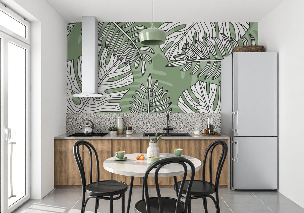 Modern living room with Monstera leaf wallpaper creating a fresh botanical atmosphere