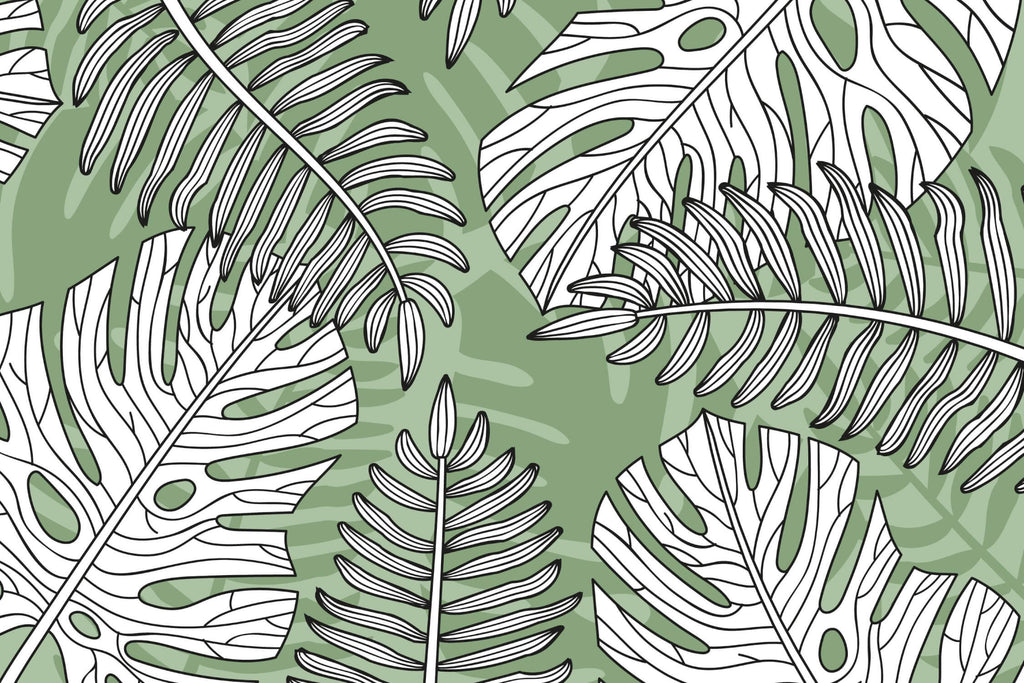 Monstera leaf pattern design file showing detailed white line work on sage green background