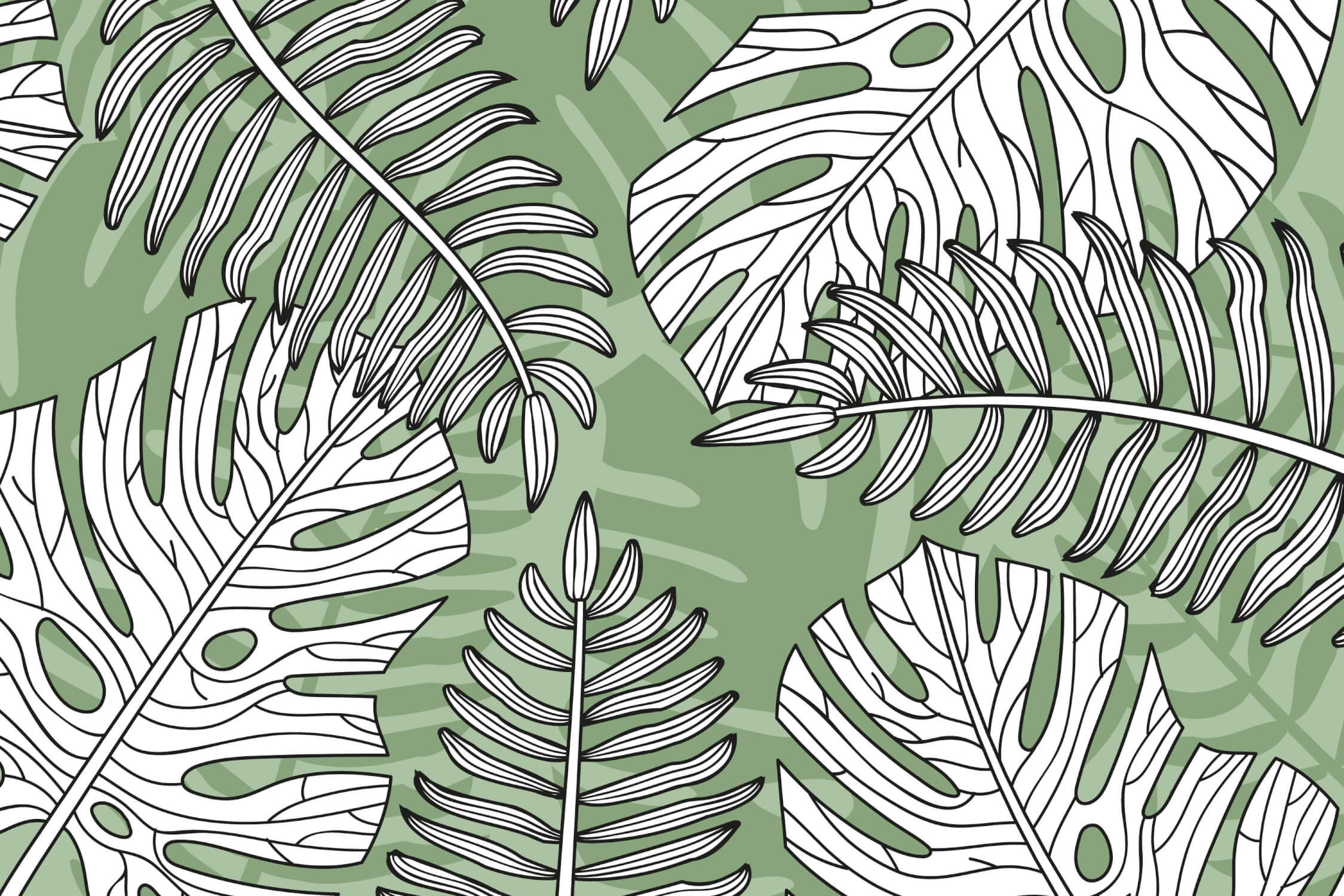 Monstera leaf pattern design file showing detailed white line work on sage green background