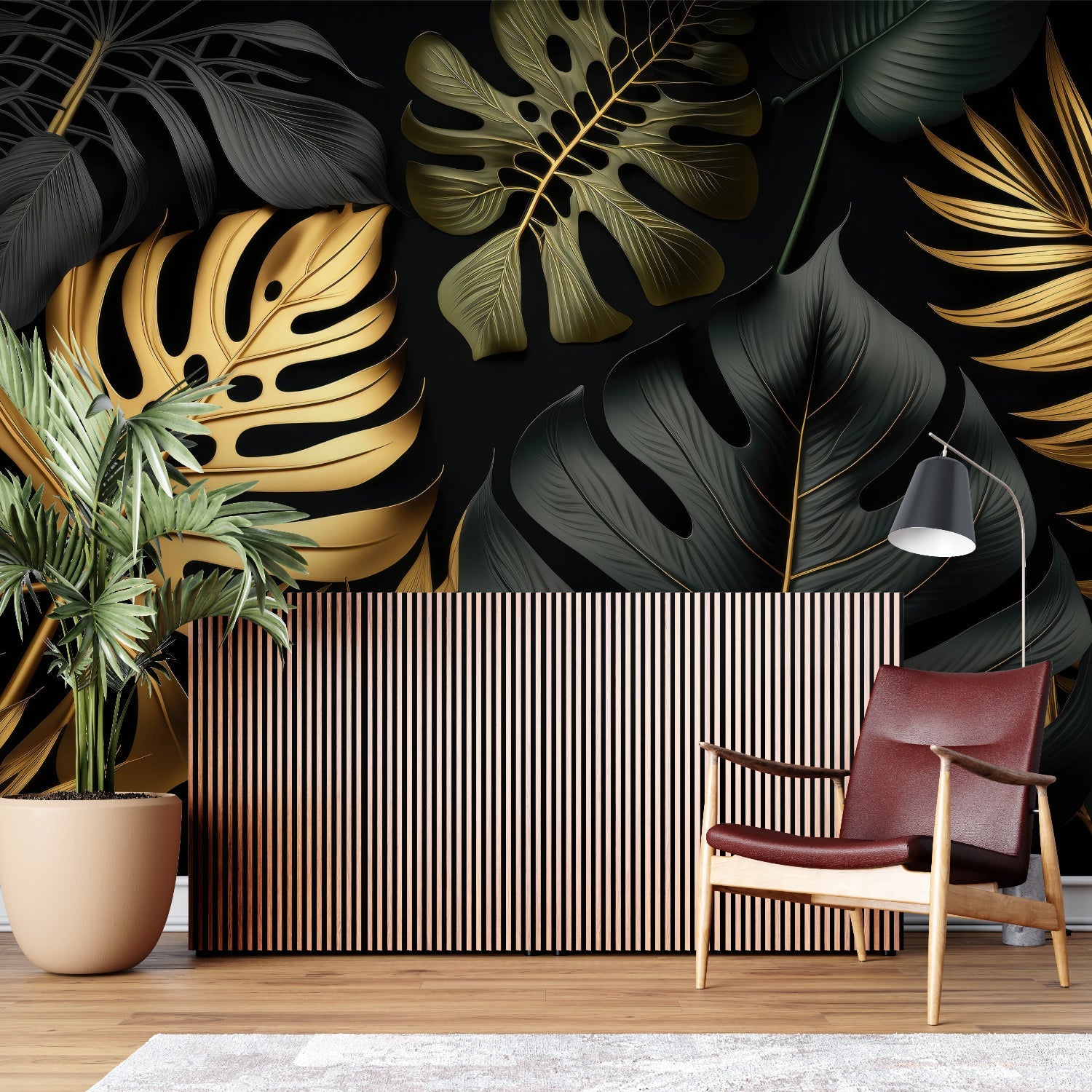 Tropical leaf wallpaper with gold details in master bedroom featuring contemporary furniture