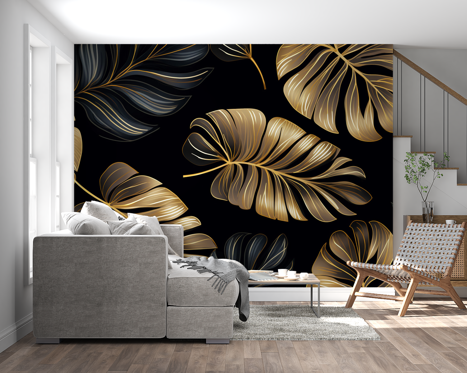 Luxury Gold Monstera Leaf Wallpaper in modern living room with black accent furniture
